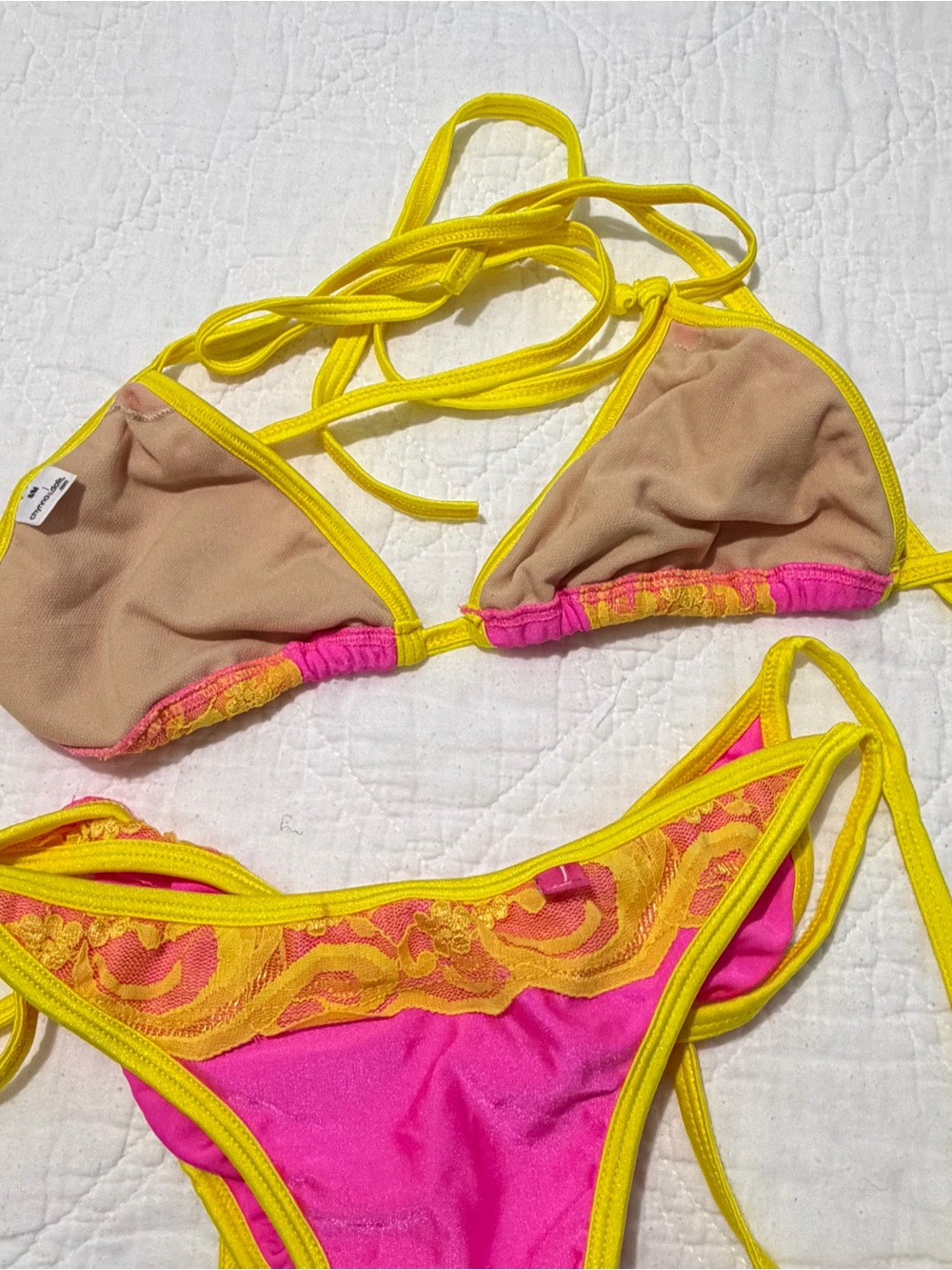 Pink and Yellow Lace Trim Triangle Bikini S/M - Picture 4 of 6